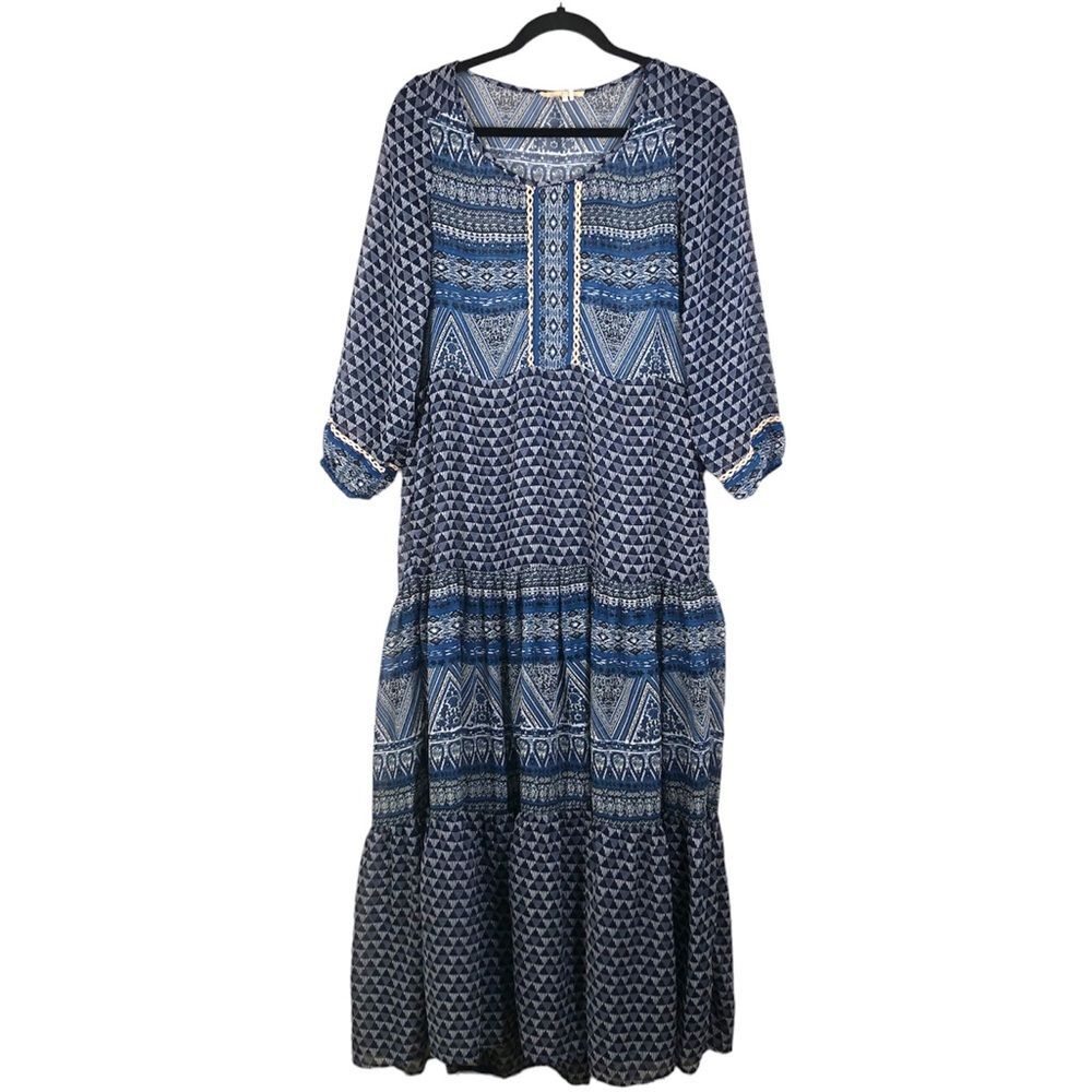 Anthropologie Floreat Tiered Peasant Maxi Dress Blue Mixed Media Print Size 8